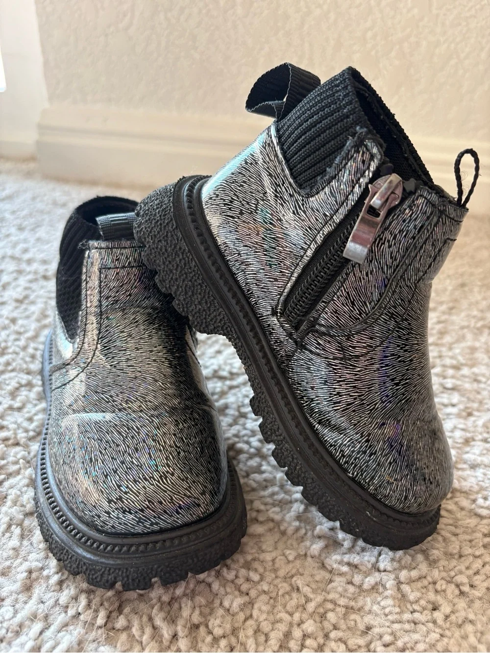 Kids Metallic Black Holographic Ankle Boots